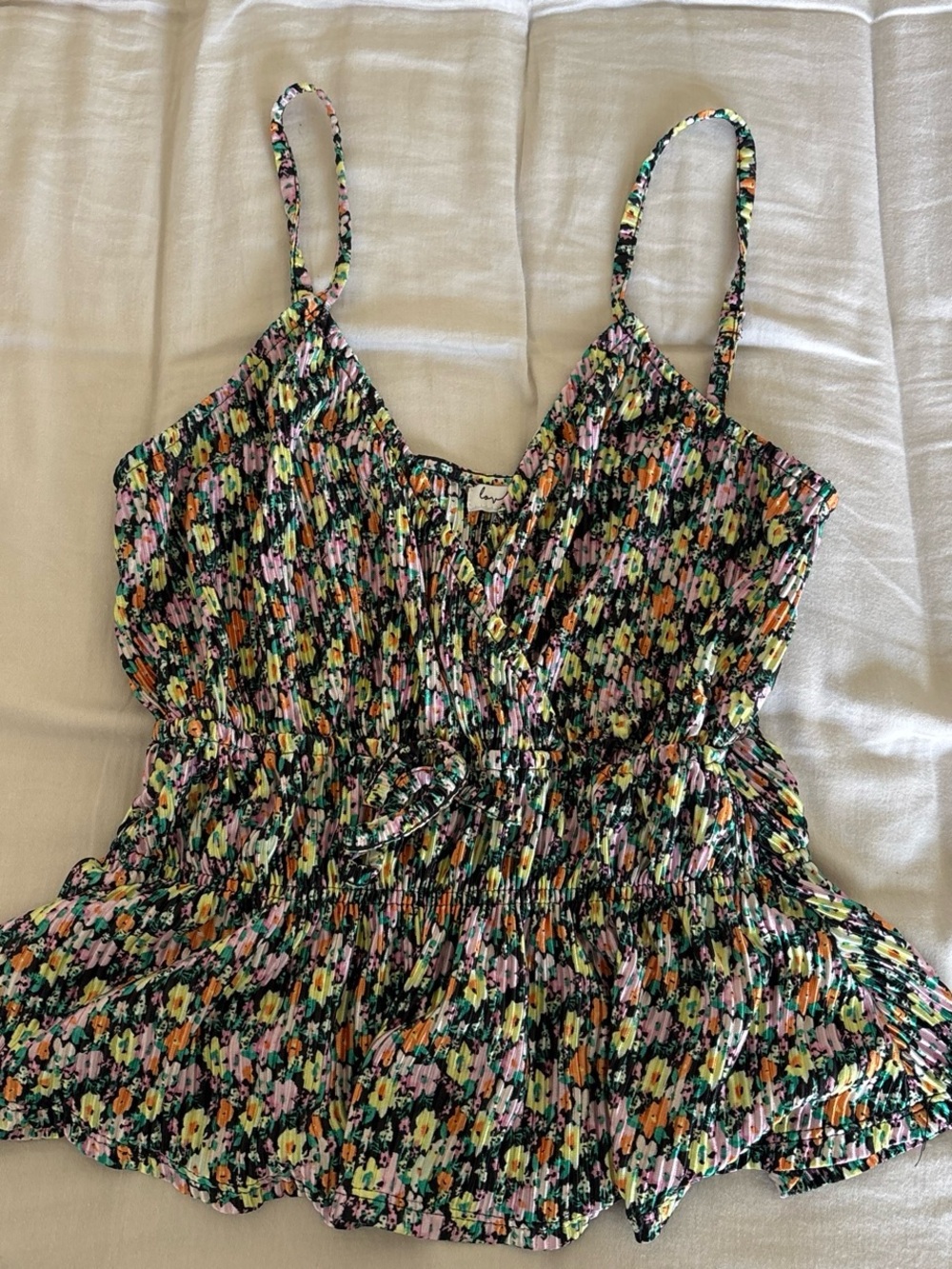 love, Fire Floral Smocked Cami in Black, Pink, Yellow & Green